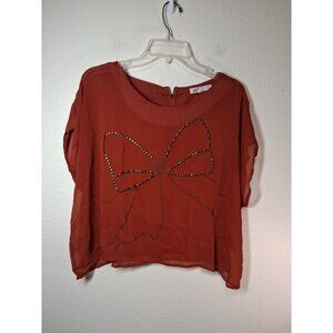 Jolt Blouse Y2K Boho Bow Sheer Crop Top Shirt Oversized Women Size Medium Orange